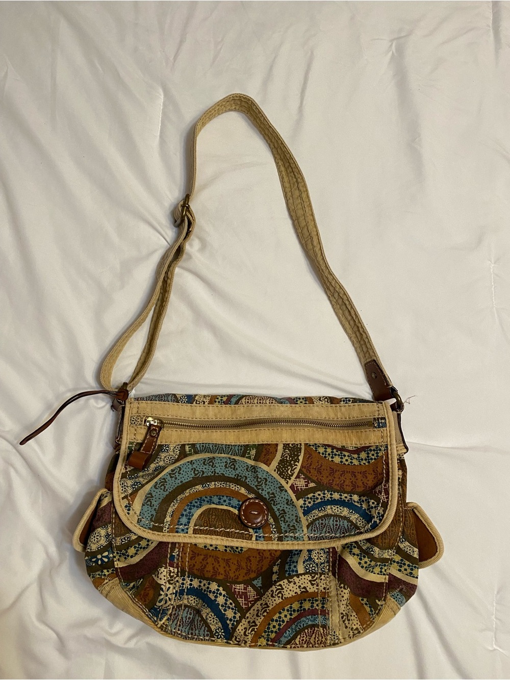 Fossil Modern Vintage Boho Patterned Crossbody Shoulder Bag - Beige Teal Brown